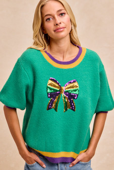 BiBi Mardi Gras Sequin Ribbon Patched Sweater