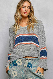 POL V-Neck Striped Pattern Cropped Knit Top with Cable Knit Detail