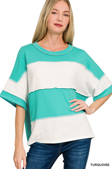 Zenana French Terry Color Block Exposed Seam Top