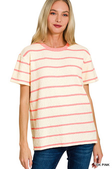 Zenana Textured Striped Crew Neck T-Shirt