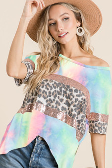 BiBi Tie Dye Terry Top with Leopard and Sequins Block
