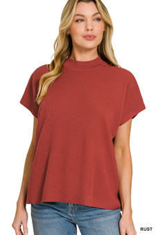 Zenana Viscose Mock Neck Short Sleeve Boxy Sweater