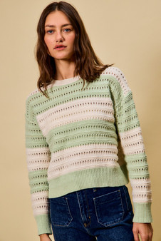SO ME Openwork Round Neck Wide Stripe Textured Sweater