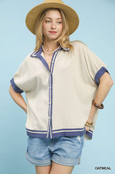 Umgee Linen Button Front Top with Contrast Piping