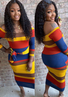 Fall Winter Women Fashion Colorful Striped Off Shoulder Long Sleeve long Dress