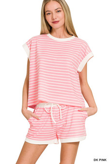 Zenana Stripe Contrast Trim Top & Shorts Set
