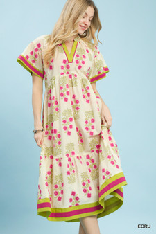 Umgee Floral Border Tiered Midi Dress