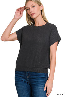 Zenana Round Neck Banded Botton Short Sleeve Sweater