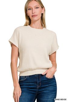 Zenana Round Neck Banded Botton Short Sleeve Sweater
