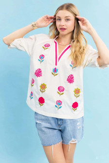 Umgee Embroidered Floral Top with Contrast Trim