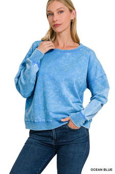 Zenana French Terry Acid Wash Boat Neck Sweatshirt