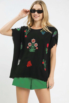 Umgee Linen Blend Embroidered Frayed Hem Top