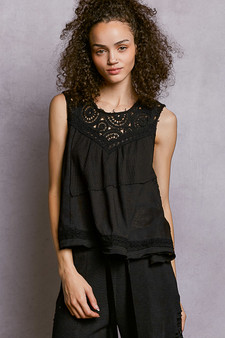 POL Round Neck Sleeveless Top with Crochet Contrast