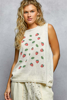 POL Strawberry Pattern Round Neck Sleeveless Sweater Top