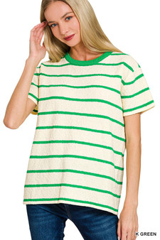 Zenana Textured Striped Crew Neck T-Shirt