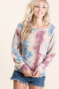 BiBi Tie Dye Print Terry Top With Front Patch Pocket