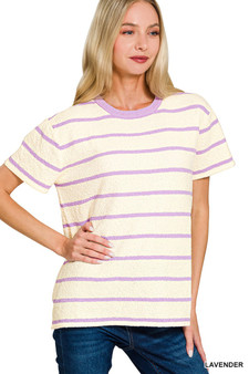 Zenana Textured Striped Crew Neck T-Shirt