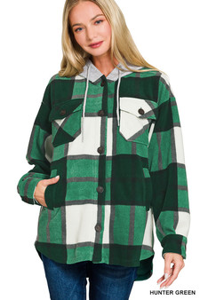 Zenana Plaid Drawstring Hooded Fleece Shacket