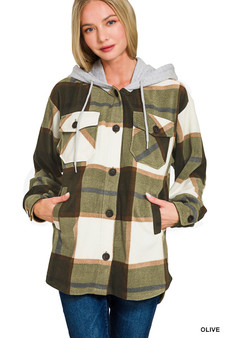 Zenana Plaid Drawstring Hooded Fleece Shacket