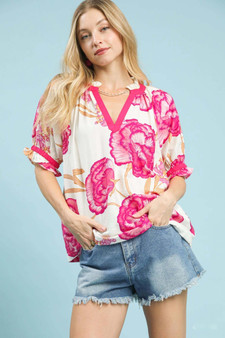 Umgee Floral V-Neck Puff Sleeve Blouse