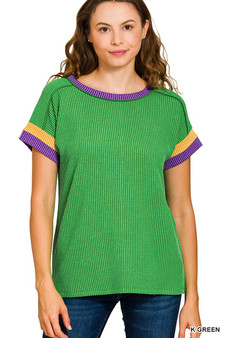 Zenana Mardi Gras Raised Rib Contrast Trim Top