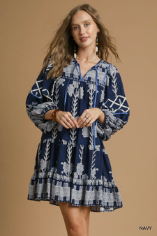Umgee Tribal Print Dress with Tie Neck
