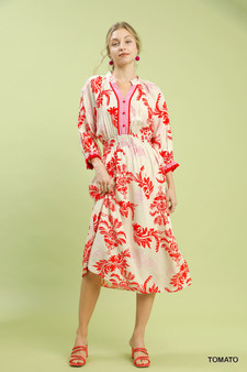 Umgee Tropical Print Button Detail Midi Dress