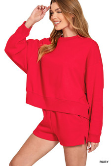 Zenana Fleece Round Neck Sweatshirt and Shorts Set