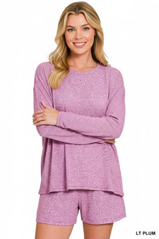 Zenana Soft Melange Long Sleeve Tee and Shorts Set