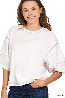 Zenana Balloon Sleeve Top with Contrast Stitching