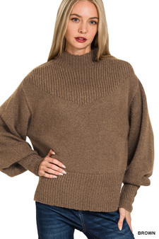Zenana Balloon Sleeve Mock Neck Sweater
