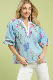 Umgee Floral Puff Sleeve Blouse with Scallop Trim Collar