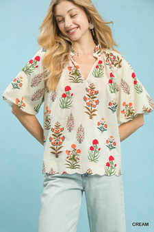 Umgee Floral Print Puff Sleeve Scallop Hem Blouse