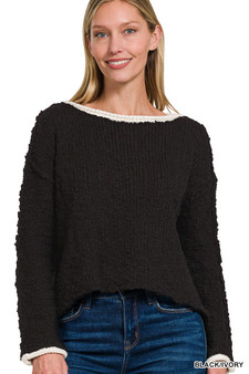 Zenana Contrast Trim Cropped Sweater