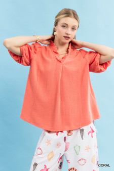 Umgee Linen Scallop Trim V-Neck Blouse