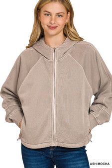 Zenana Fleece Pigment Dye Zip Up Hoodie with Pockets