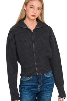 Zenana Ribbed Collared Zip Up Sweater Cardigan