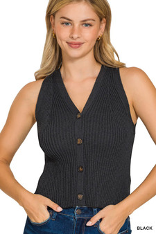 Zenana Ribbed Knit Button-Down Sweater Vest