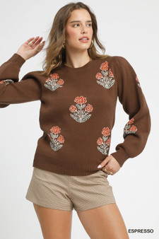 Umgee Floral Knit Sweater with Puff Sleeves