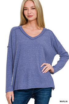 Zenana Full Size Brushed Ribbed Hacci Drop Shoulder V-Neck Sweater Plus Size