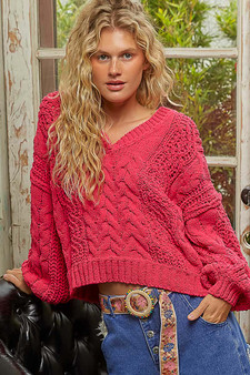 POL Cable-Knit Solid V-Neck Cropped Sweater