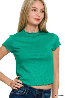 Zenana Cotton Modal Slub Lettuce Trimmed Cropped T-Shirt