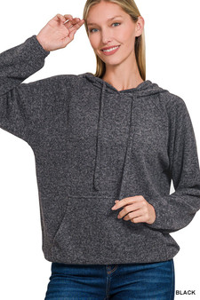 Zenana Brushed Hacci Melange Hooded Sweater