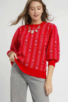 Umgee Jacquard Knit Puff Sleeve Sweater