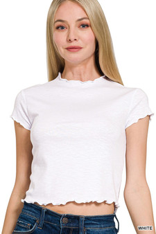 Zenana Cotton Modal Slub Lettuce Trimmed Cropped T-Shirt