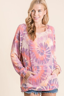 BiBi Circular Tie Dye Print Terry Hoodie with Kangaroo