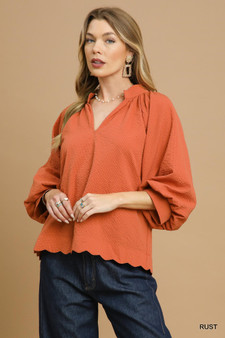 Umgee Textured Notched Balloon Sleeve Blouse with Scalloped Hem