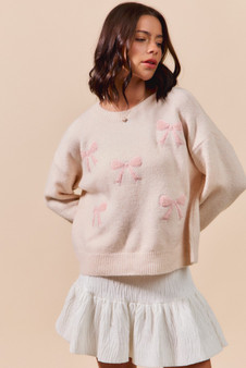 SO ME Embroidered Ribbon Round Neck Sweater