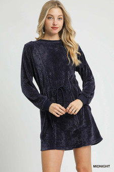 Umgee Velour Drawstring Mini Dress with Long Sleeves