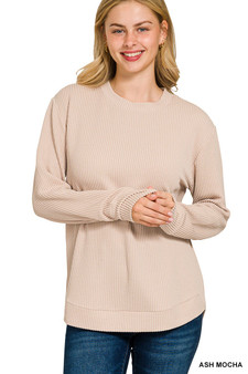 Zenana Full Size Raised Rib Round Neck Long Sleeve Top Plus Size